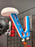 Blue and white sports equipment holder with a helmet on a grid background